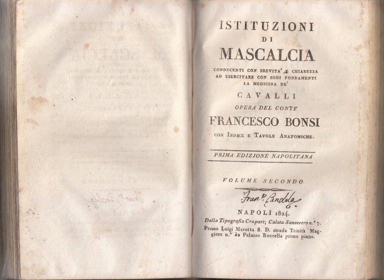 ISTITUZIONI DI MASCALCIA Francesco Bonsi 2 volumi 1824 Libro antico …