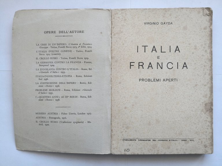 ITALIA E FRANCIA PROBLEMI APERTI di Virginio Gayda 1938 Giornale …