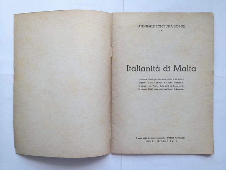 ITALIANITÀ DI MALTA Annibale Scicluna Sorge 1940 Libro orazione dante …