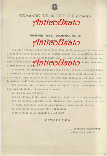 IX CORPO D'ARMATA Ordine Del Giorno 4 novembre 1942 II … | Immagine Gallery 1