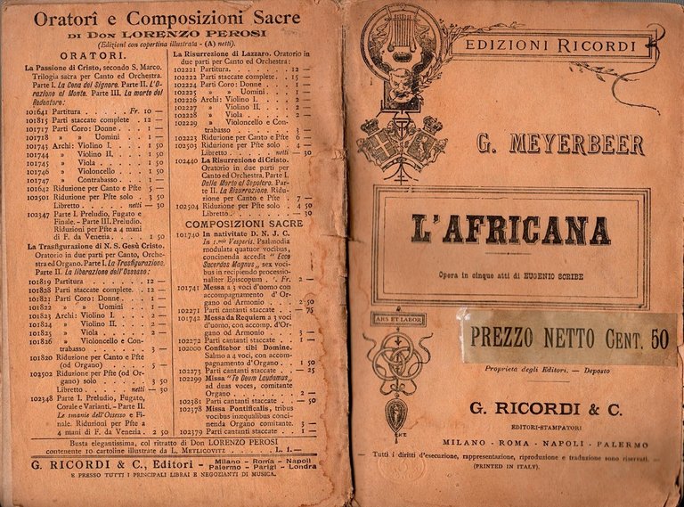 L'AFRICANA di Meyerbeer Opera in 5 atti Scribe 1900 Ricordi …