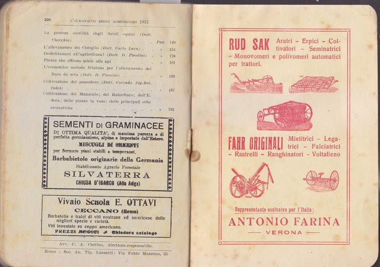 L'ALMANACCO DEGLI AGRICOLTORI 1931 la rivista agricola editrice libro vintage