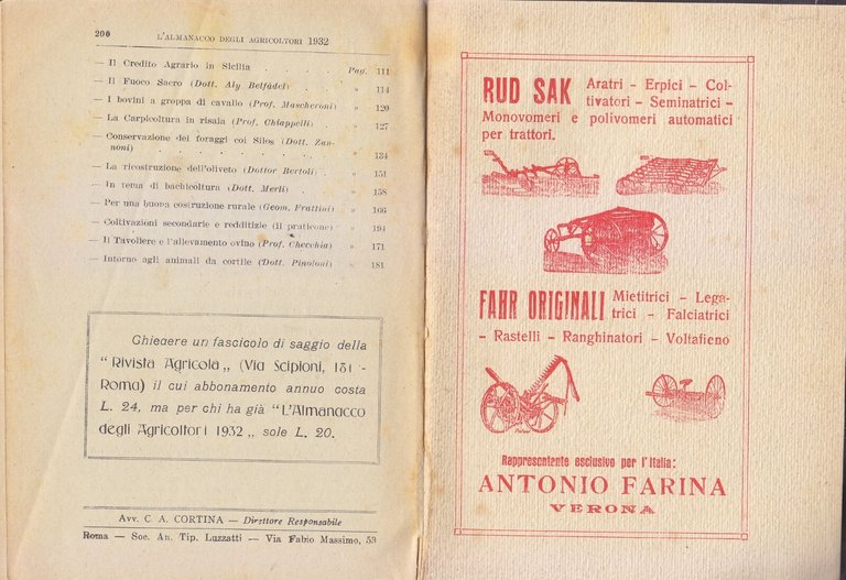 L'ALMANACCO DEGLI AGRICOLTORI 1932 la rivista agricola editrice libro vintage