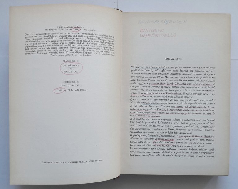 L'AVVENTUROSO SIMPLICISSIMUS di Grimmelshausen 1970 Club degli Editori Libro