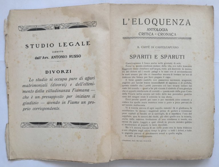 L'ELOQUENZA Numero 13 14 15 16 ANTOLOGIA CRITICA CRONACA 1922 …