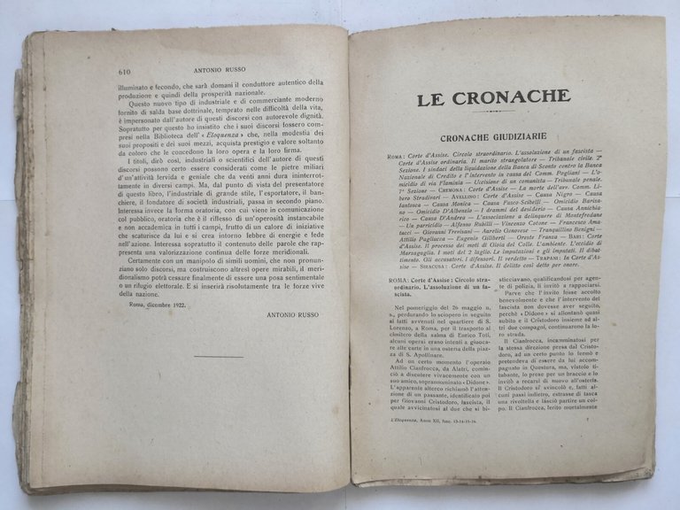L'ELOQUENZA Numero 13 14 15 16 ANTOLOGIA CRITICA CRONACA 1922 …
