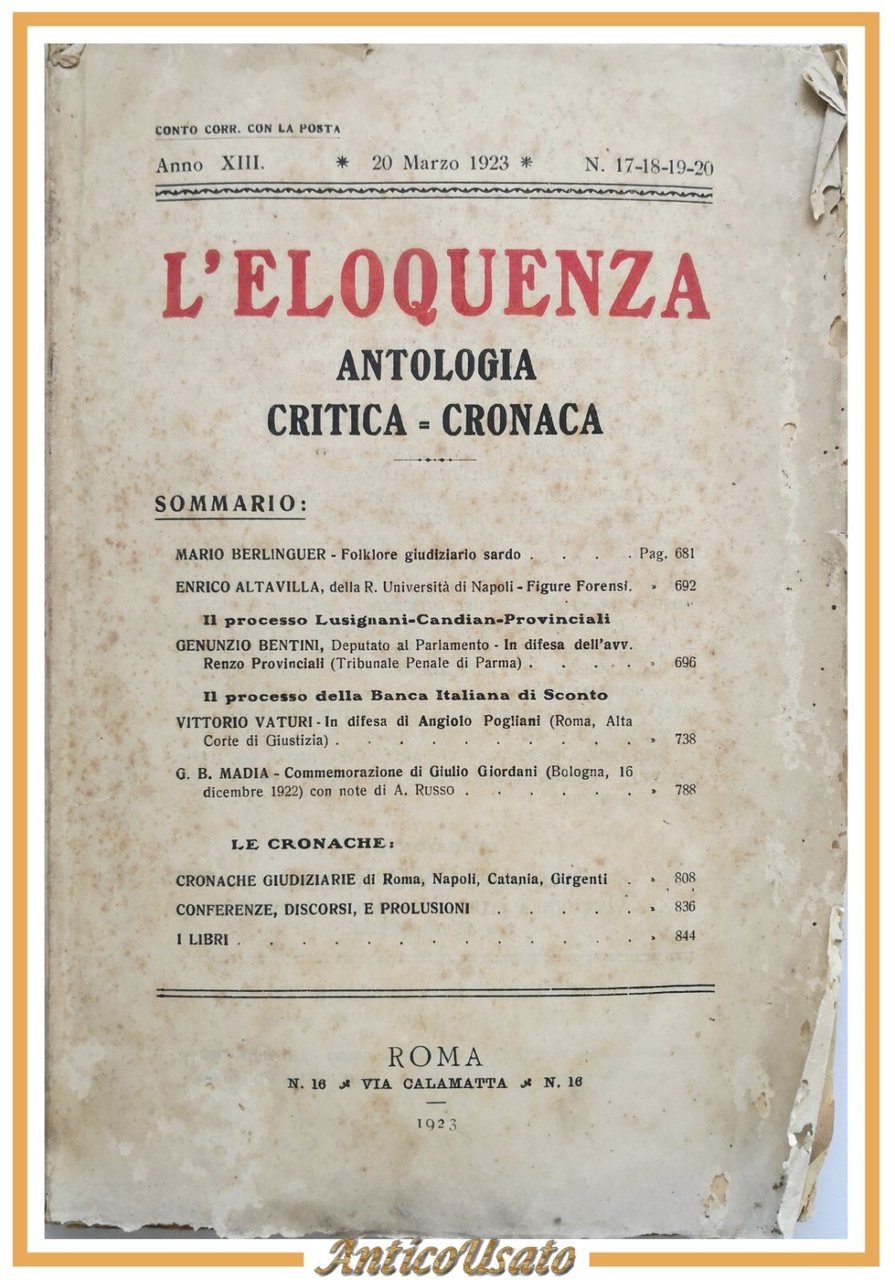 L'ELOQUENZA Numero 17 a 20 ANTOLOGIA CRITICA CRONACA marzo 1923 …
