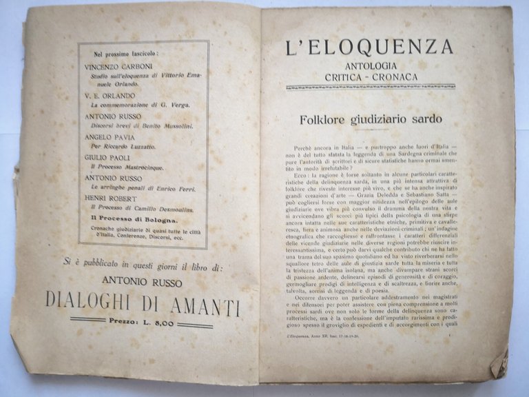 L'ELOQUENZA Numero 17 a 20 ANTOLOGIA CRITICA CRONACA marzo 1923 …