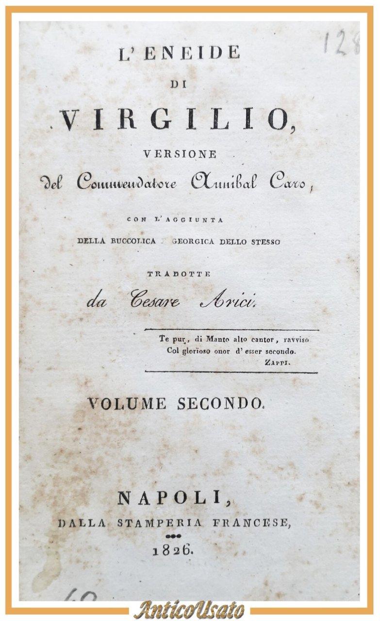 L'ENEIDE DI VIRGILIO Annibal Caro volume 2 1826 Stamperia Francese …