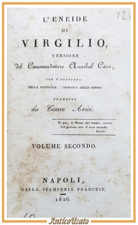 L'ENEIDE DI VIRGILIO Annibal Caro volume 2 1826 Stamperia Francese libro antico