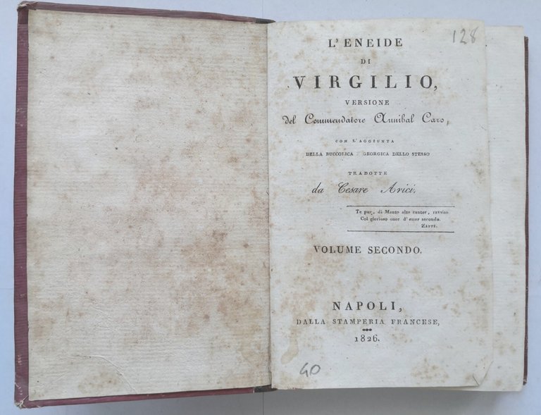 L'ENEIDE DI VIRGILIO Annibal Caro volume 2 1826 Stamperia Francese …