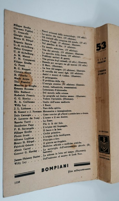L'ENERGIA ATOMICA di Tito Franzini 1951 Bompiani libro fisica vintage …