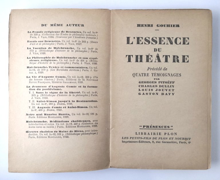 L'ESSENCE DU THEATRE di Henri Gouhier 1948 Librairie Plon Libro …