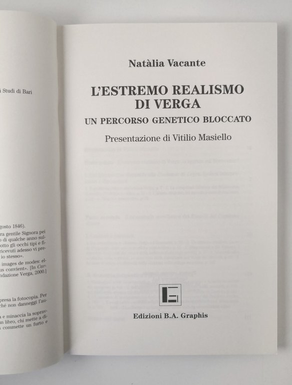 L'ESTREMO REALISMO DI VERGA Natalia Vacante 2000 Edizioni Graphis Libro …
