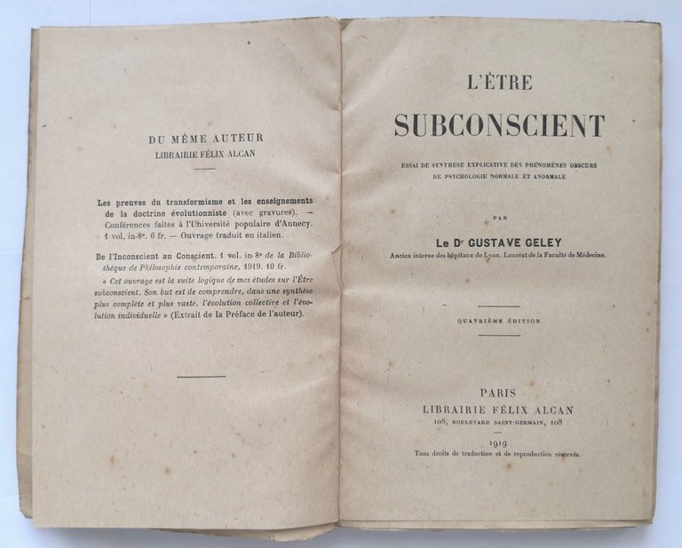 L'ETRE SUBCONSCIENT di Gustave Geley 1919 Félix Alcan Libro phenomenes …