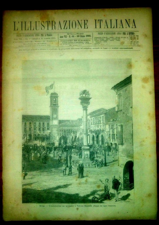 L'ILLUSTRAZIONE ITALIANA 30 ottobre 1881 Rovigo Monumento al Re rivista antica