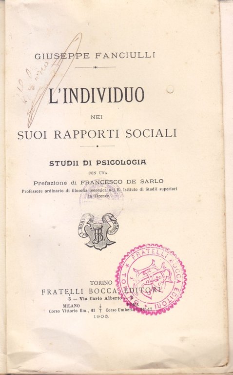 L'INDIVIDUO NEI SUOI RAPPORTI SOCIALI di Fanciulli 1905 Libro Scienze …