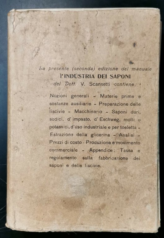 L'INDUSTRIA DEI SAPONI di V Scansetti 1918 Ulrico Hoepli Manuale …