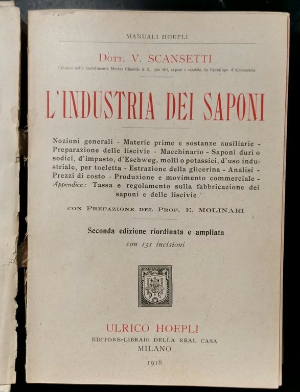L'INDUSTRIA DEI SAPONI di V Scansetti 1918 Ulrico Hoepli Manuale …