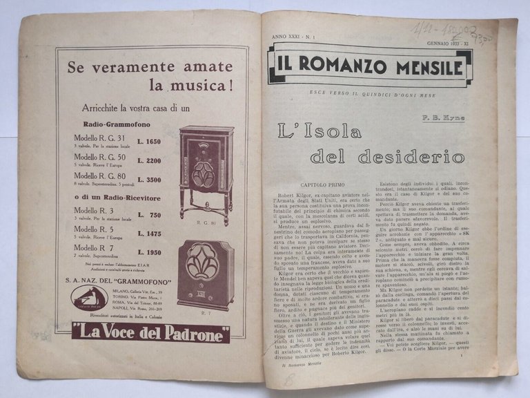 L'ISOLA DEL DESIDERIO di Kyne Il romanzo mensile 1933 Corriere …