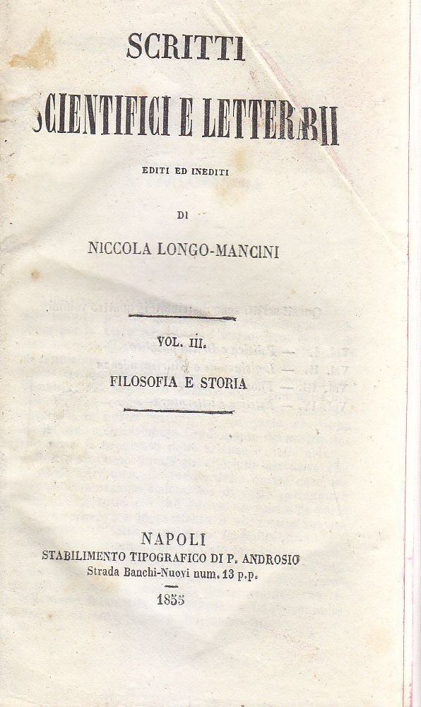 L'ITALOMANIA L'ITALIANISMO INDIGENO Nicola Longo Mancini 1855 Libro Antico