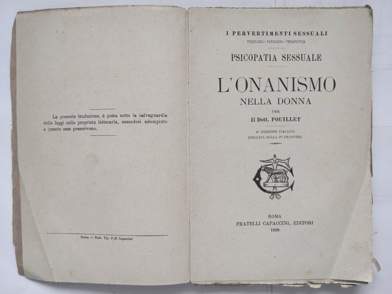 L'ONANISMO NELLA DONNA di Pouillet 1898 Capaccini Libro Antico psicopatia …