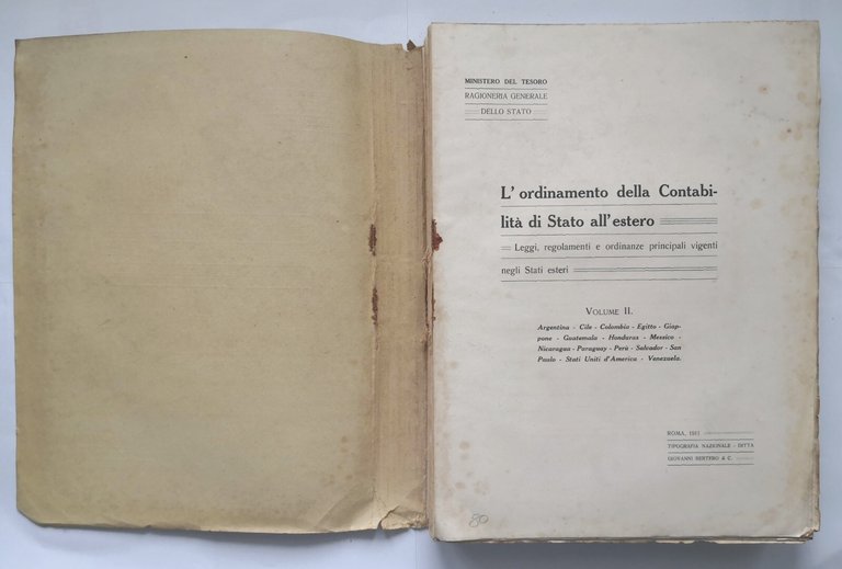 L'ORDINAMENTO DELLA CONTABILITÀ DI STATO ALL'ESTERO volume II 1911 Ditta …