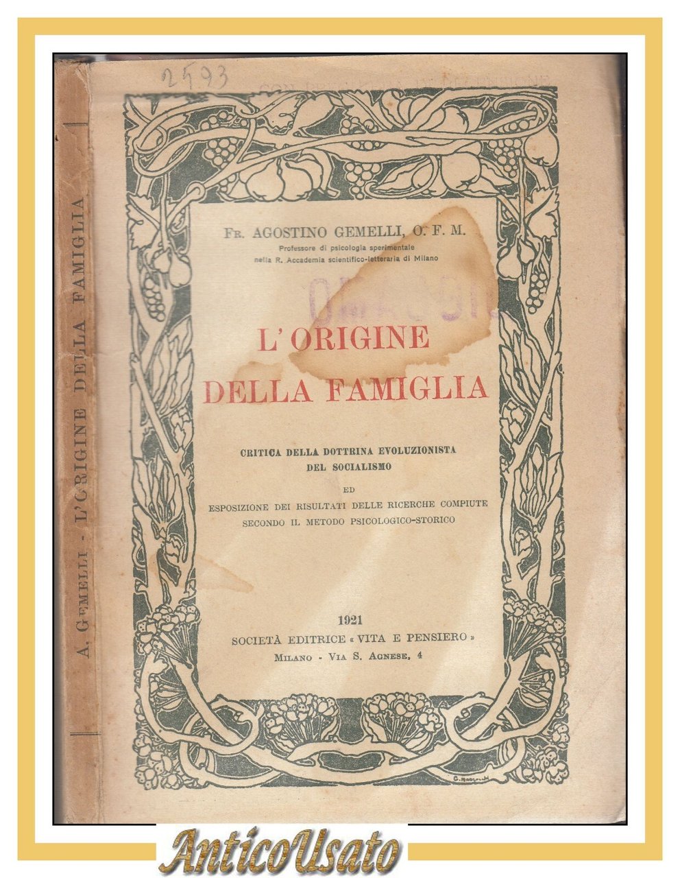 L'ORIGINE DELLA FAMIGLIA di Agostino Gemelli 1921 Vita e Pensiero …