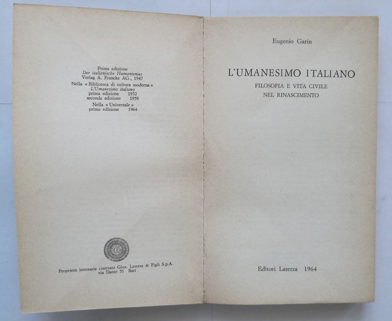 L'UMANESIMO ITALIANO di Eugenio Garin 1964 Laterza Libro vita nel …
