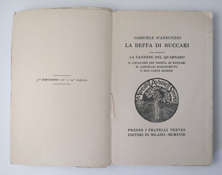 LA BEFFA DI BUCCARI Gabriele D'Annunzio 1923 Treves 3 edizione …