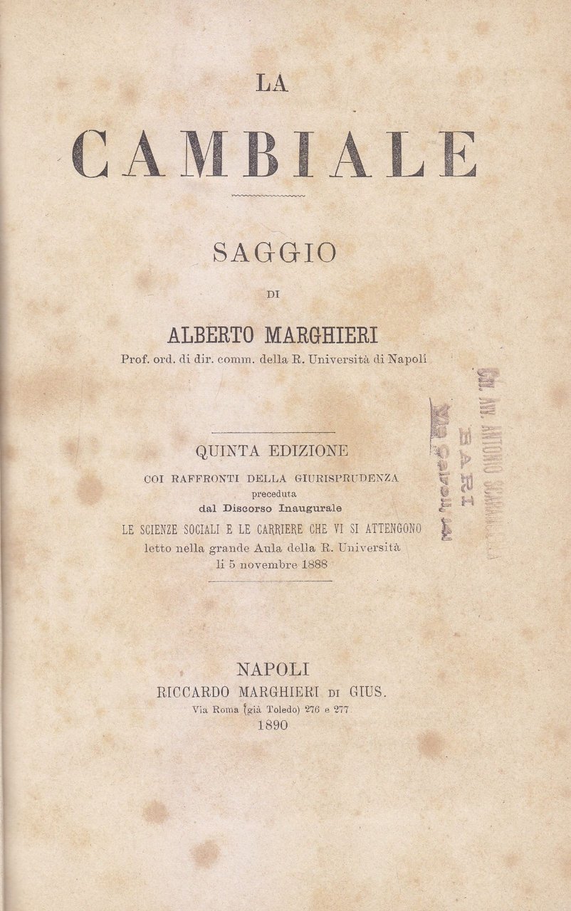 LA CAMBIALE di Alberto Marghieri IN BIANCO di Tortora 1890 …