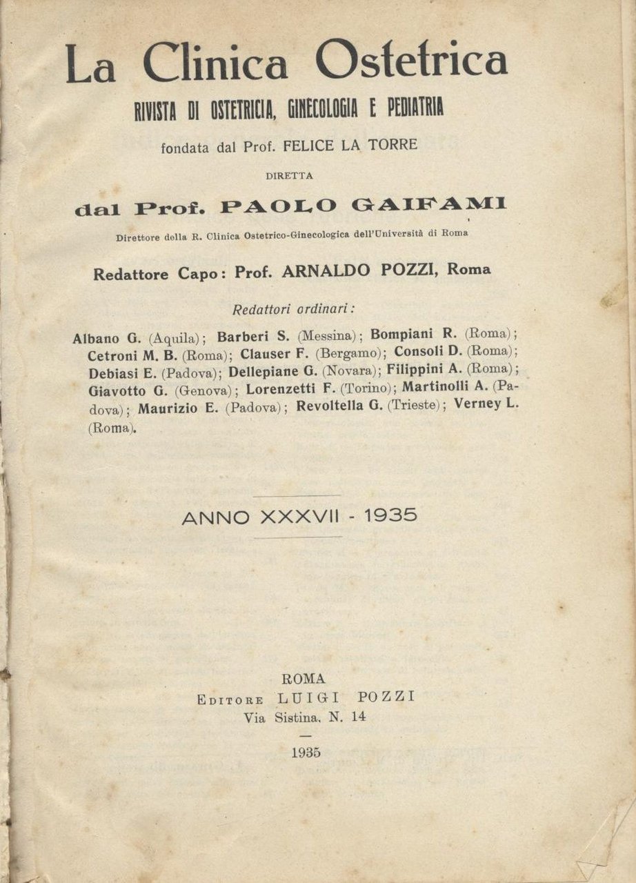 LA CLINICA OSTETRICA rivista di ostetricia ginecologia pediatria ANNATA 1935