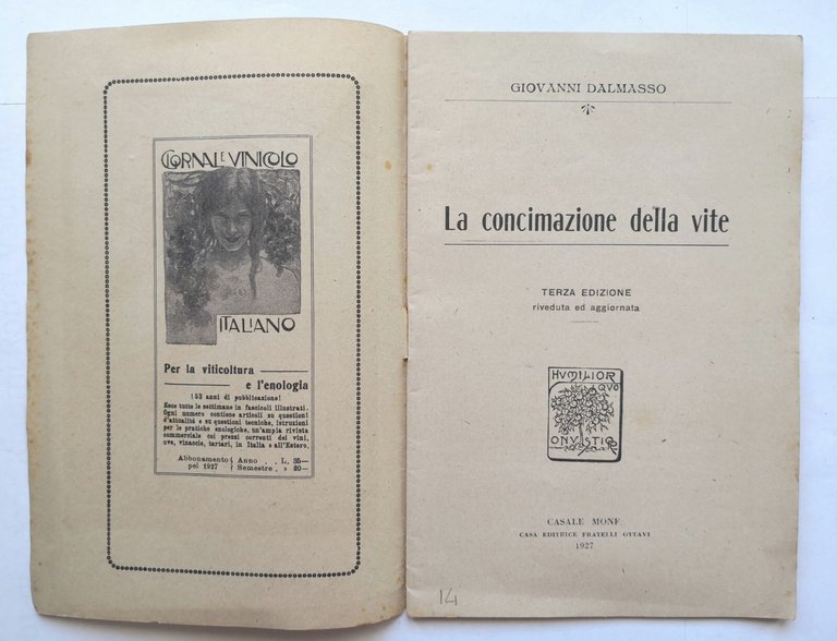 LA CONCIMAZIONE DELLA VITE di Giovanni Dalmasso 1927 Fratelli Ottavi …