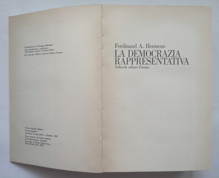LA DEMOCRAZIA RAPPRESENTATIVA di Ferdinand Hermens 1968 Vallecchi Libro