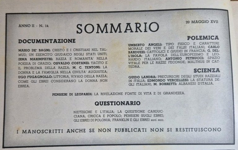 LA DIFESA DELLA RAZZA 1939 ANNO II n 14 Rivista …