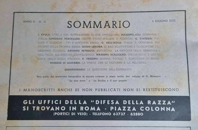 LA DIFESA DELLA RAZZA 1939 ANNO II n 15 Rivista …