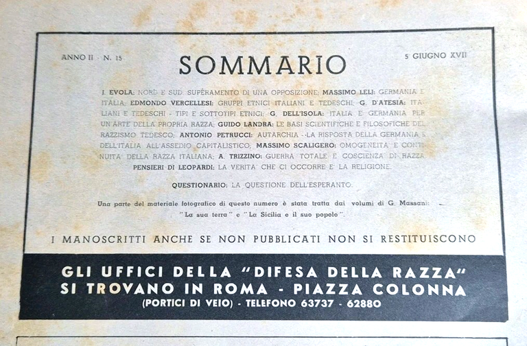 LA DIFESA DELLA RAZZA 1939 ANNO II n 15 Rivista …