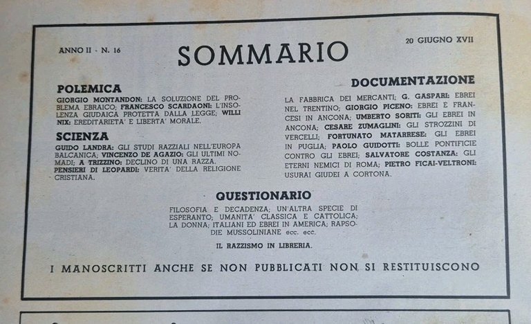 LA DIFESA DELLA RAZZA 1939 ANNO II n 16 Rivista …