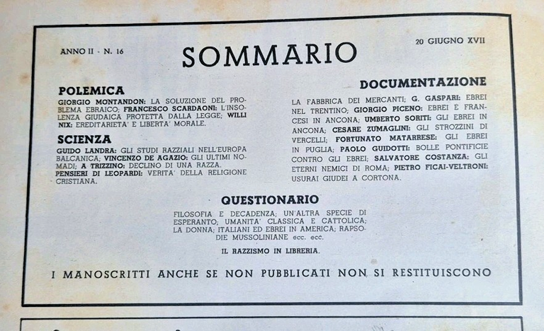 LA DIFESA DELLA RAZZA 1939 ANNO II n 16 Rivista …