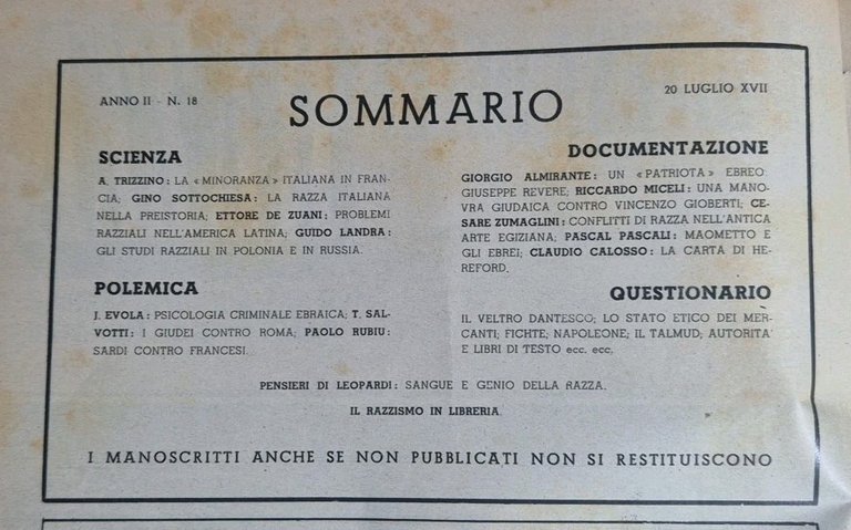 LA DIFESA DELLA RAZZA 1939 ANNO II n 18 Rivista …