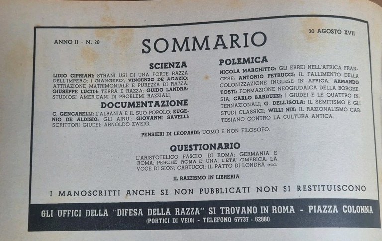 LA DIFESA DELLA RAZZA 1939 ANNO II n 20 Rivista …