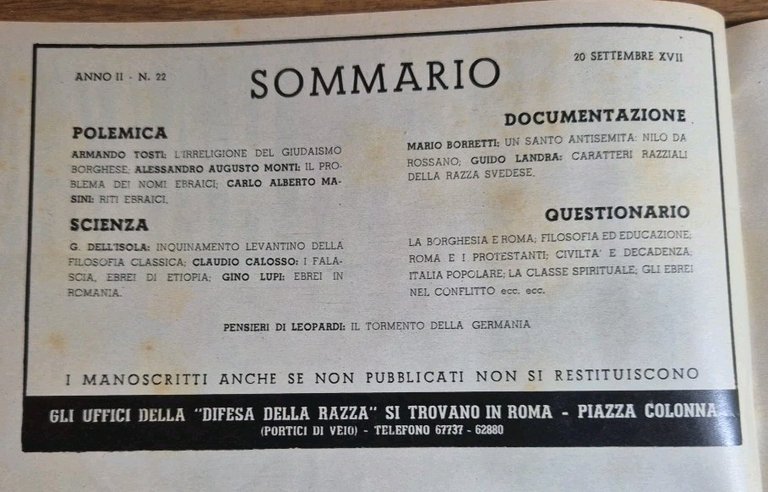 LA DIFESA DELLA RAZZA 1939 ANNO II n 22 Rivista …
