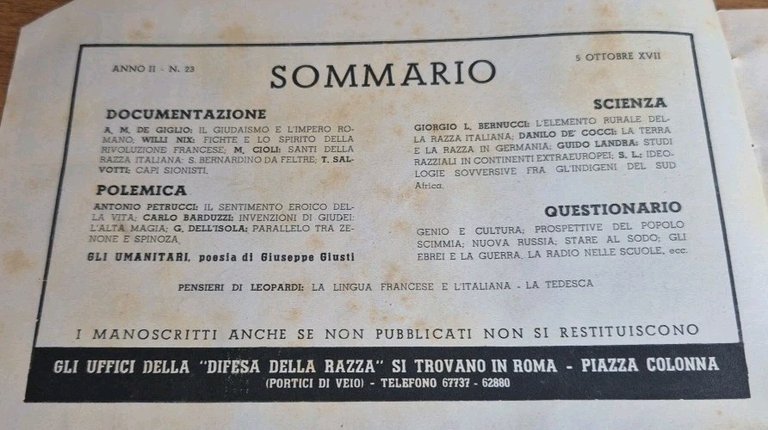 LA DIFESA DELLA RAZZA 1939 ANNO II n 23 Rivista …