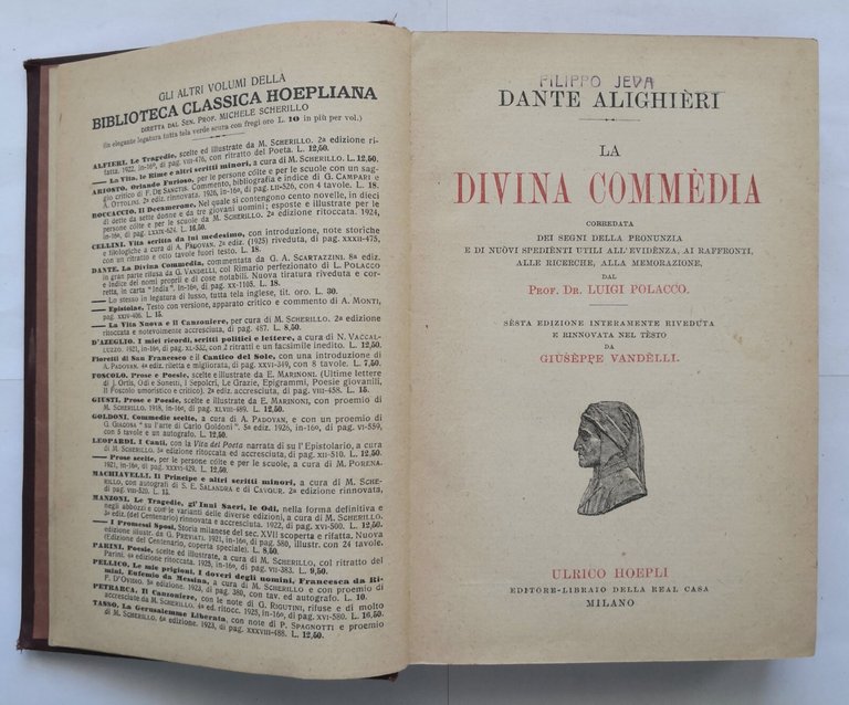 LA DIVINA COMMEDIA ortofonica sistematica di Dante Alighieri 1926 Hoepli …