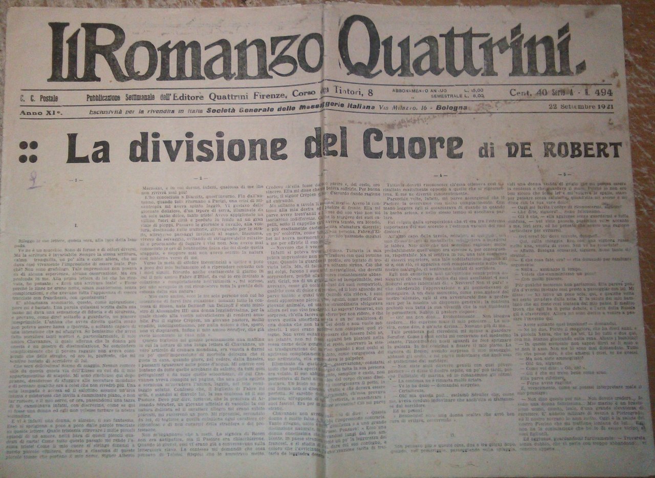 LA DIVISIONE DEL CUORE di De Robert 22/09/1921 il romanzo … | Immagine principale
