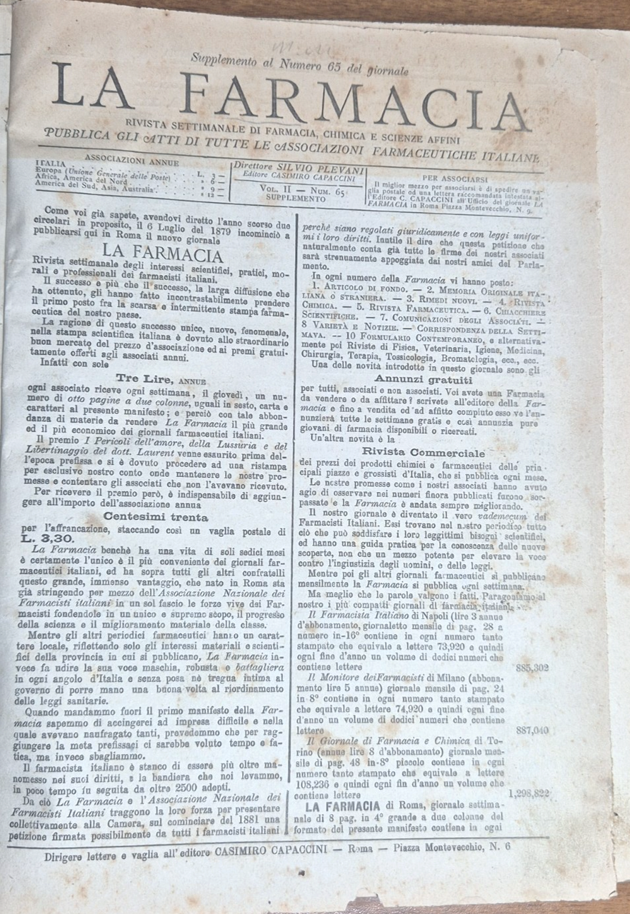 LA FARMACIA Rivista settimanale 1880 annata completa + primi numeri … | Immagine principale