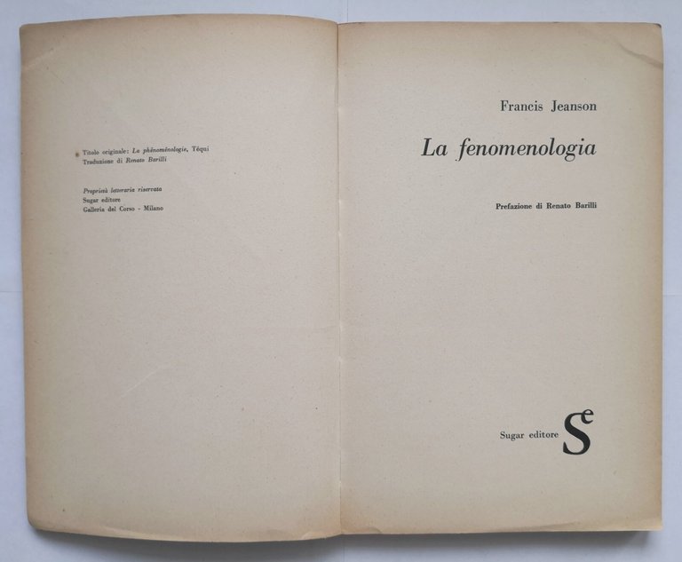 LA FENOMENOLOGIA di Francis Jeanson 1962 Sugar Libro