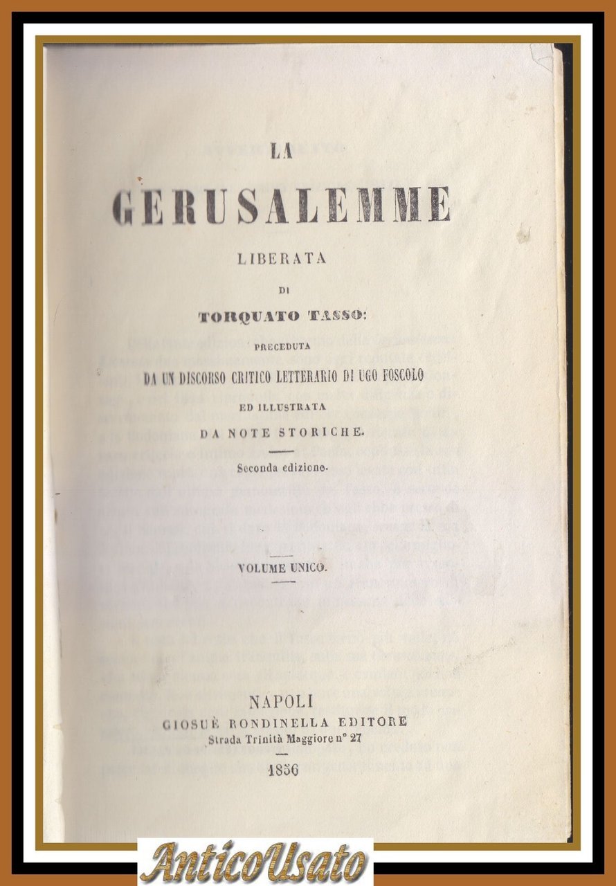 LA GERUSALEMME LIBERATA di Torquato Tasso 1856 Rondinella Libro Antico …