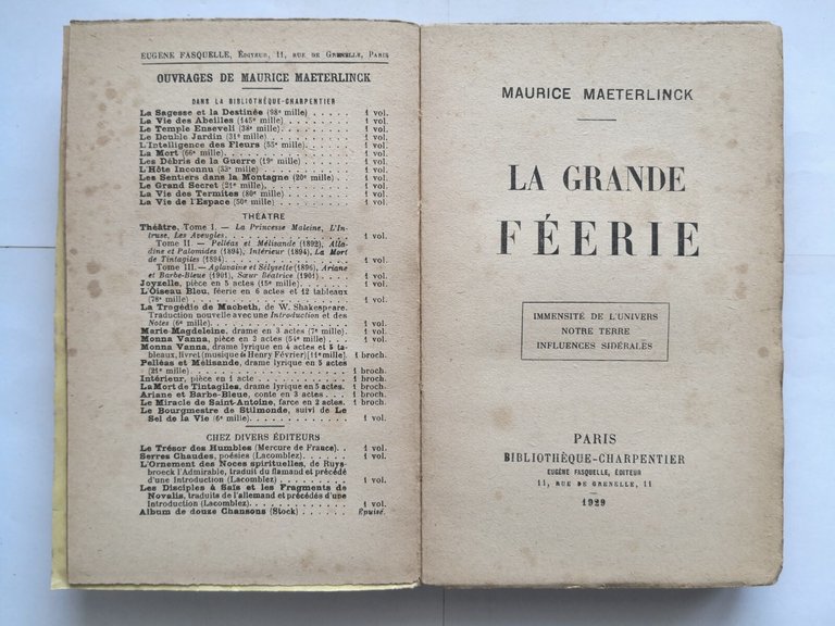 LA GRANDE FEERIE di Maurice Maeterlinck 1929 Bibliotheque Charpentier Libro
