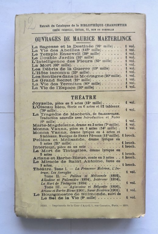 LA GRANDE FEERIE di Maurice Maeterlinck 1929 Bibliotheque Charpentier Libro